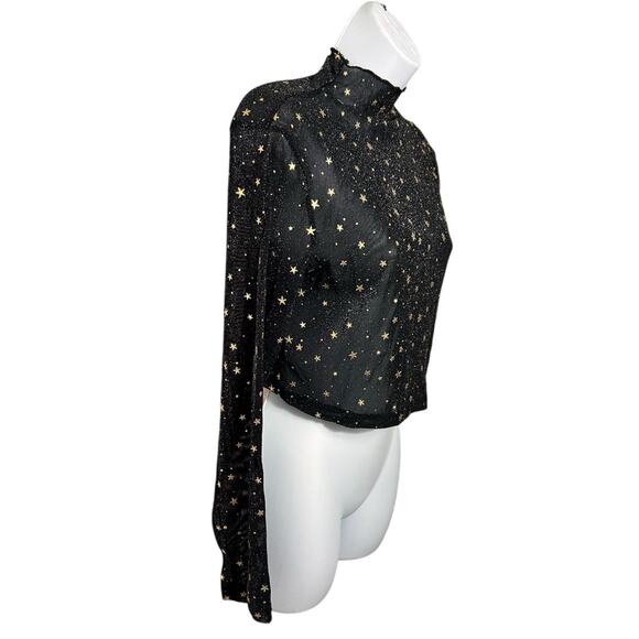 Black Mesh Crop Top Sz M Gold Stars Mock Neck Long-Sleeve Blouse Stretch - Picture 5 of 10